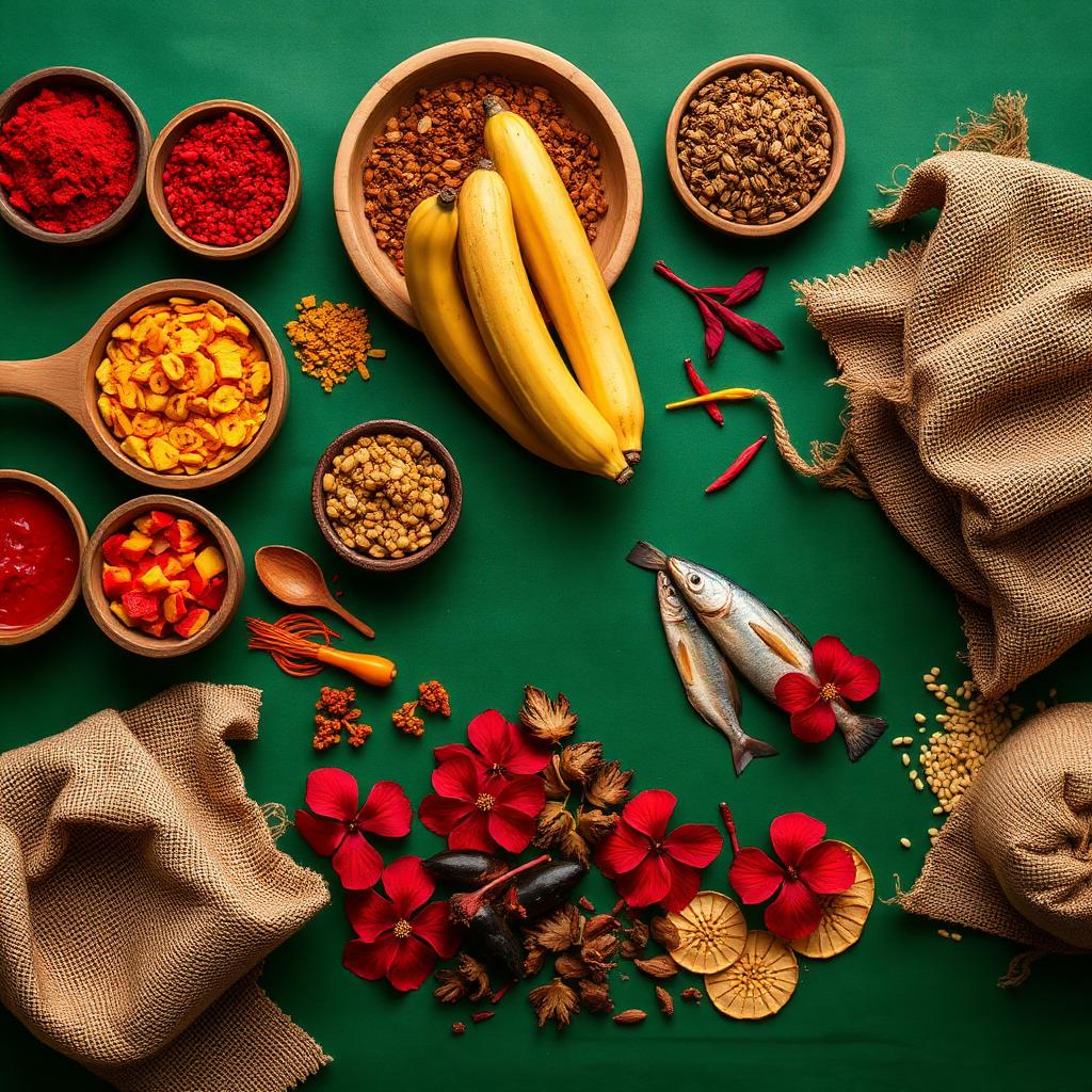 Produits africains authentiques : épices, plantains, poisson séché, sacs de jute